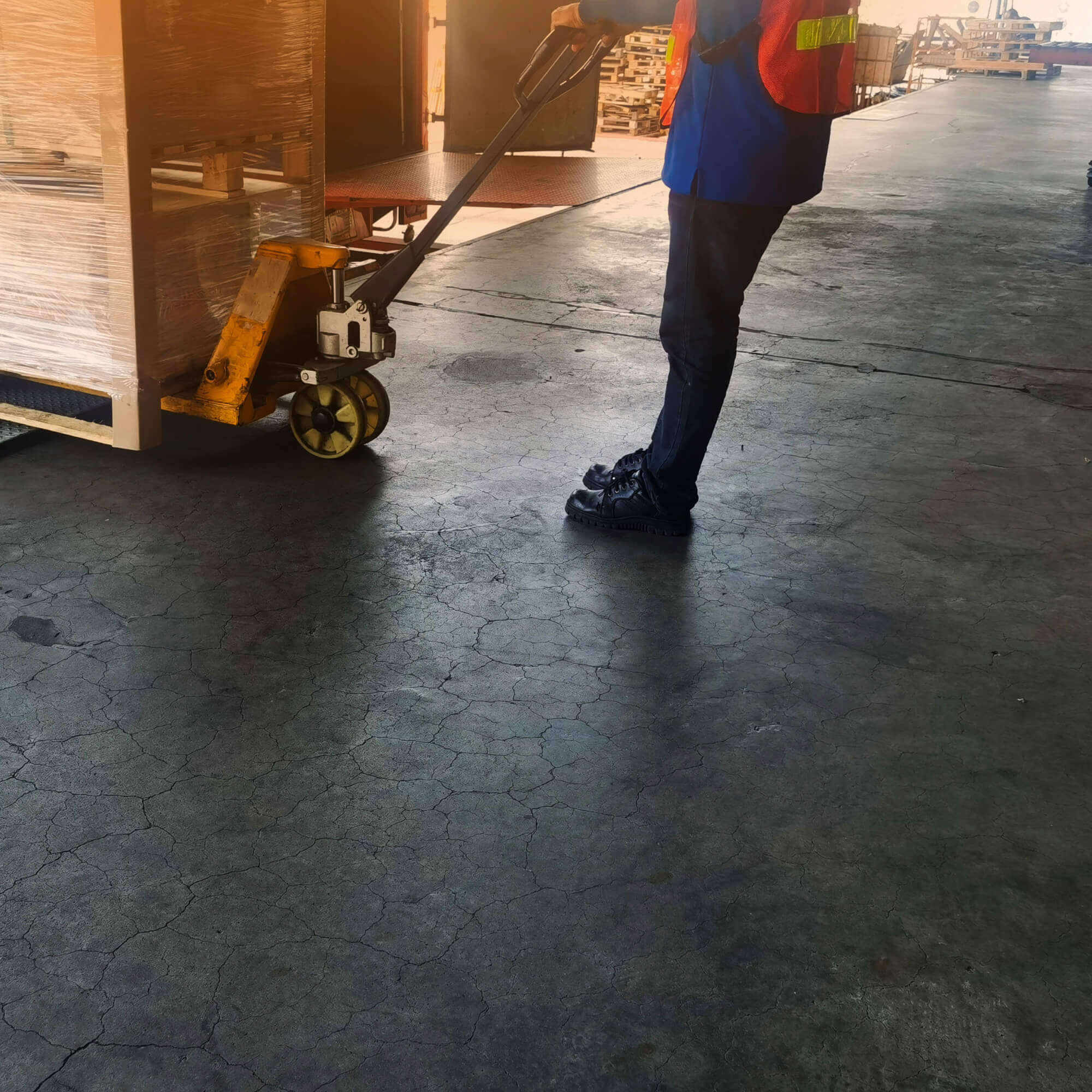 person moving a dolly with boxes on it